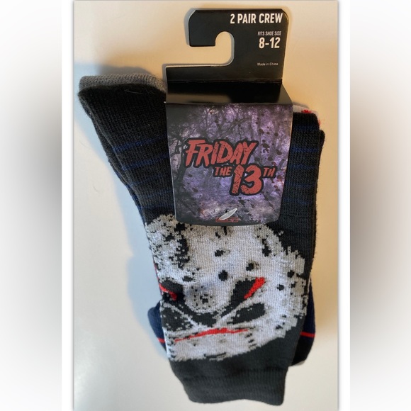 Friday The 13th Crew Socks 2 Pair Men 8-12 Black Gray Mask Jason Voorhees Horror - Picture 12 of 12